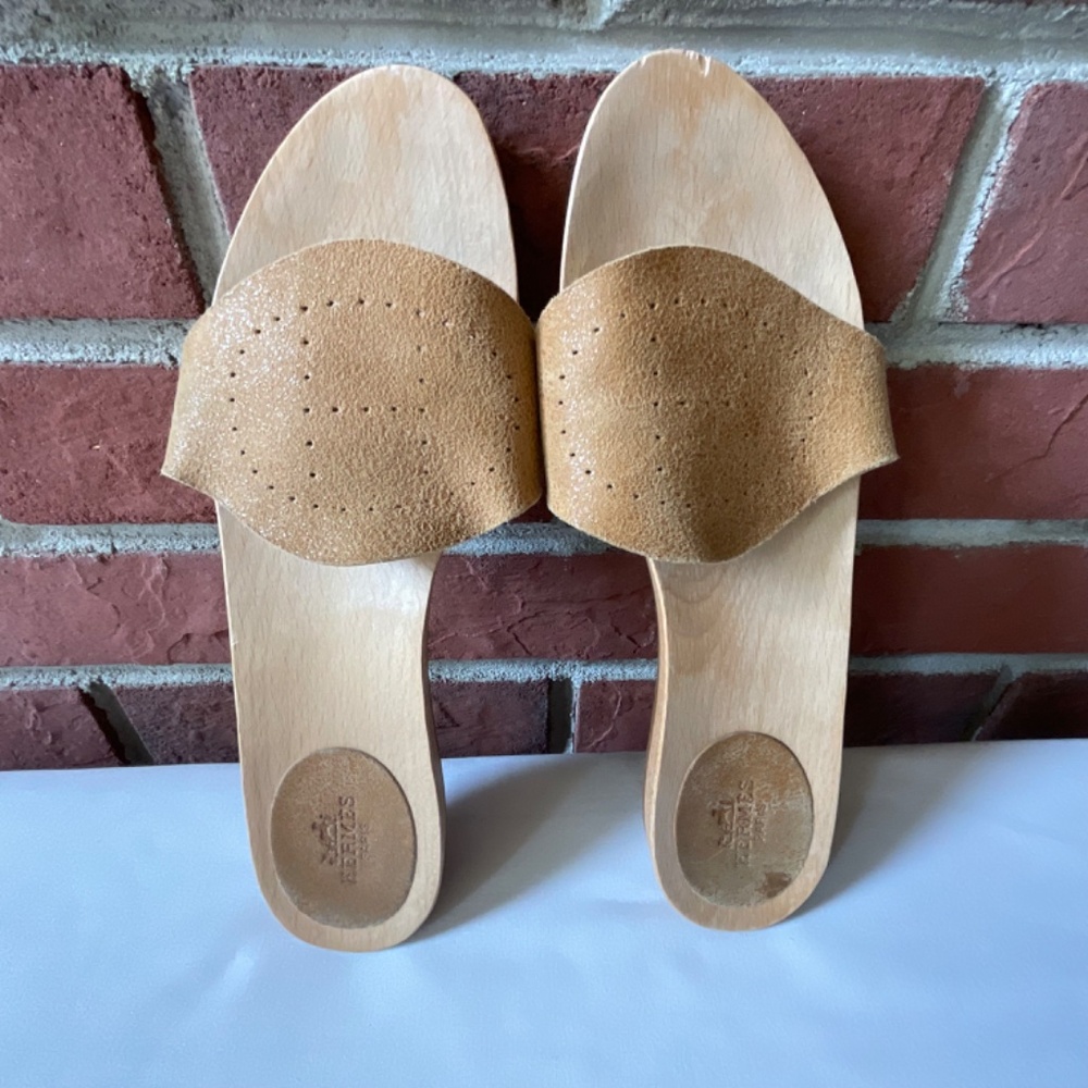 Hermes Tan Leather Slide Sandals with Wood Sole - Picture 4 of 16